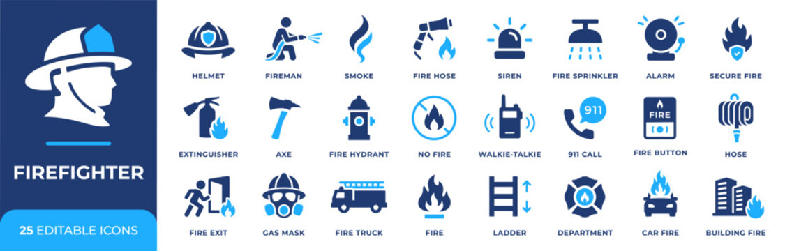 Firefighter icon set. Fireman, extinguisher and hydrant symbols. Fire hazard, emergency 911 call and fire alarm signs. Smoke, fire exit and sprinkler pictograms. Firefighting equipment concept.