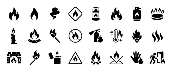 Fire black icon set. Flame, heat, gas and smoke symbols. Flammable danger and fire hazard glyph signs. Campfire, bonfire, fireplace, torch, lighter and match pictograms. Fire emergency concepts.