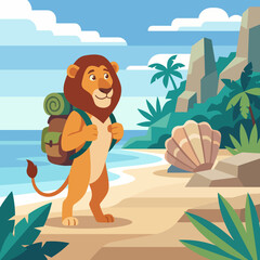 A cheerful lion with a backpack stands on a tropical beach, showcasing the beauty of nature, adventure, and exploration amidst palm trees and sea waves. © Yangyang
