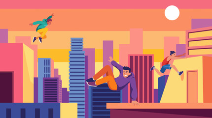 Three dynamic individuals perform parkour moves against a vibrant city skyline, showcasing the excitement and adrenaline associated with urban exploration and movement. © Yangyang