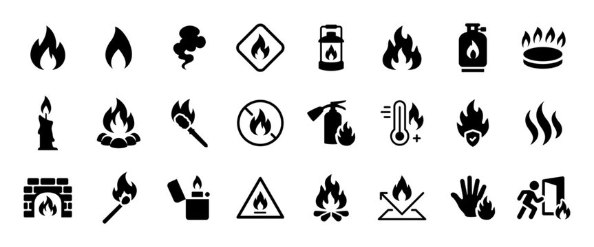 Fire black icon set. Flame, heat, gas and smoke symbols. Flammable danger and fire hazard glyph signs. Campfire, bonfire, fireplace, torch, lighter and match pictograms. Fire emergency concepts.