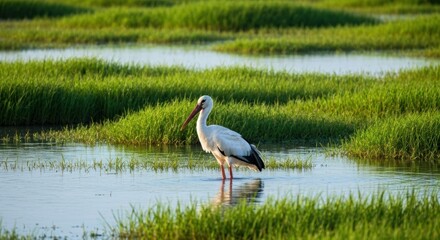 Fototapeta premium White stork in a shallow wetland