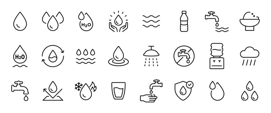 Water line icon set. Drinking symbol. Hydration and H2O sign. Water glass, bottle, cooler, purifier outline pictograms. Water temperature and rainy weather concepts. Pure clean drinkable water.