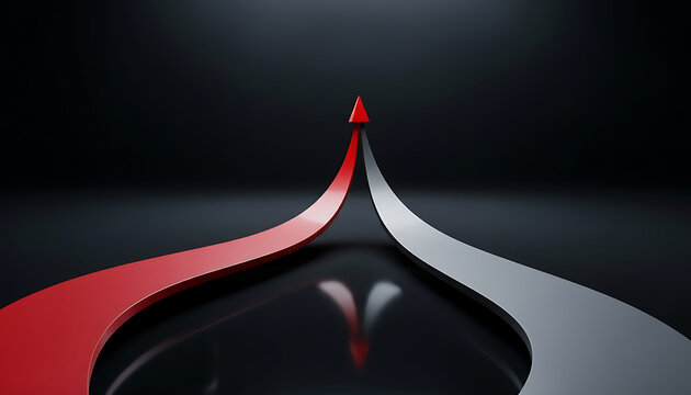 Two Curved Roads Merging into Single Red Arrow on Dark Background