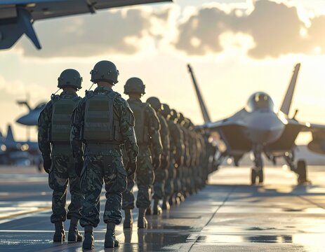US Army Soldiers in Formation at Sunset with Fighter Jets on Tarmac &ndash; American Army Day Tribute