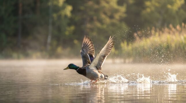 Male mallard duck taking off from water with wings spread wide, golden hour lighting creating dynamic splash, serene forest lake background, nature wildlife photography