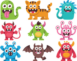 Fototapeta premium Set of cute funny cartoon monsters vector collection, colorful fantasy creatures, playful characters for kids design