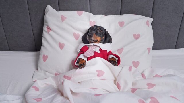 Black dachshund dog dressed in a red and white outfit resting in a cozy bed with pink heart patterned bedding and pillow, romantic pet lifestyle, cute animal moment, sweet home comfort.