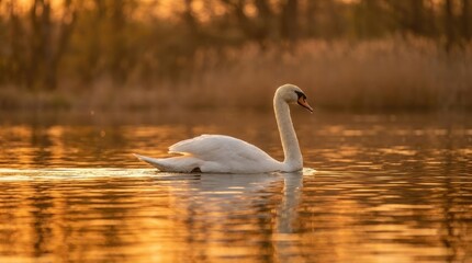 Fototapeta premium Graceful white swan swimming serenely in golden-hour sunlight, calm reflective water, tranquil nature scene with blurred forest background, wildlife photography