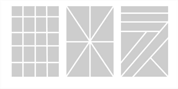 Image collage layout template. Grey mosaic mood board grid collection. Picture frame set. Photo album idea for banner, poster, comic page, flyer, brochure, booklet, memory wall design. Vector pack