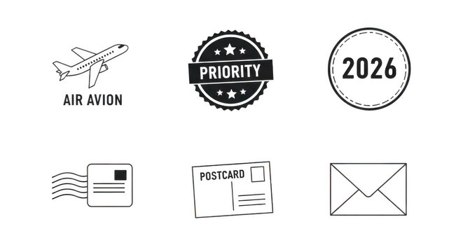 Set of black postal icons with airplane priority and mail symbols isolated png