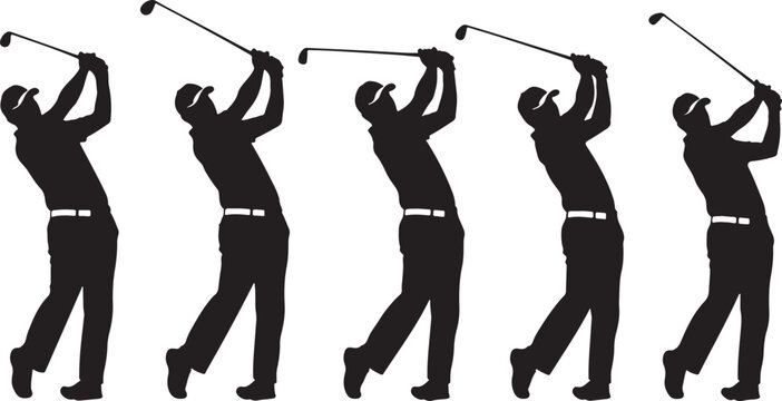 Golf swing sequence, golfer silhouette, vector golf icons, sports illustrations, athletic poses
