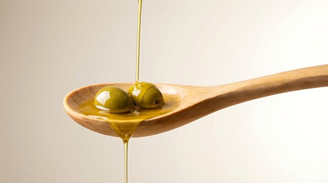 Olive oil pouring over green olives on a wooden spoon close-up