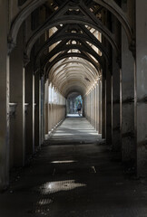 Obraz premium A profound, hushed stillness permeates this iron-clad corridor, where the heavy legacy of the Victorian era feels almost tangible. The air is thick with a cool, industrial solitude, broken only by the