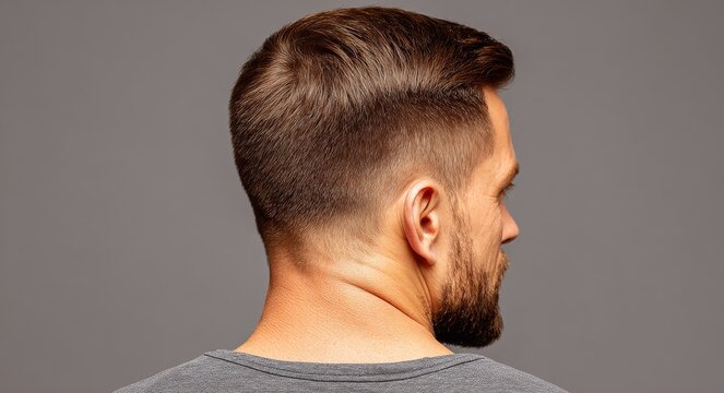Close-up of a young man with an undercut haircut on a gray background