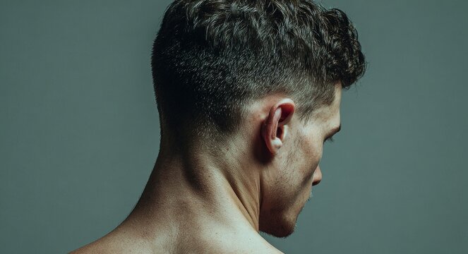 Gray background featuring a close-up of a young man with an undercut haircut