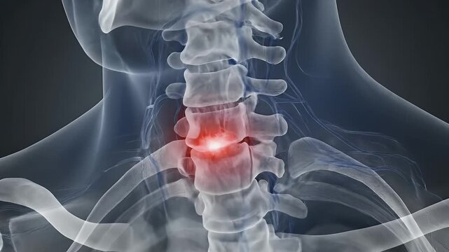 Human Neck X-Ray Showing Pain - This video shows an x-ray of a human neck with the cervical vertebrae visible. A specific area in the neck is highlighted in red to indicate a source of pain.