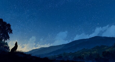 Fototapeta premium A howling wolf's silhouette stands against the large moon in a mountainous night