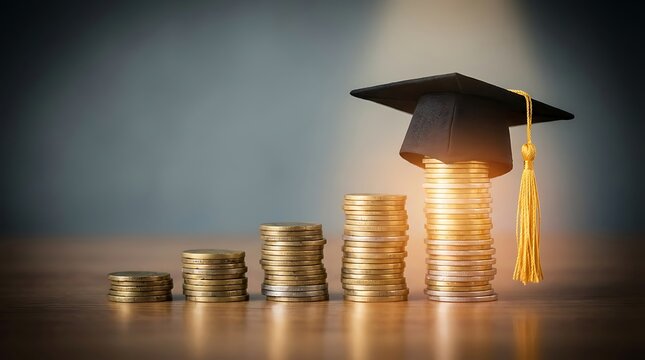 Graduation cap on stacked coins representing education investment return