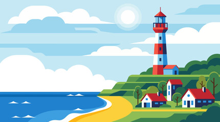 A picturesque lighthouse stands on a coastline, surrounded by quaint houses and lush greenery, capturing the essence of coastal living and tranquility under a bright sky. © Yibin