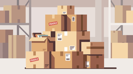 Fototapeta premium A detailed illustration of stacked cardboard boxes, showcasing various labeled packages in a warehouse, representing organization and the logistics of shipping and storage.