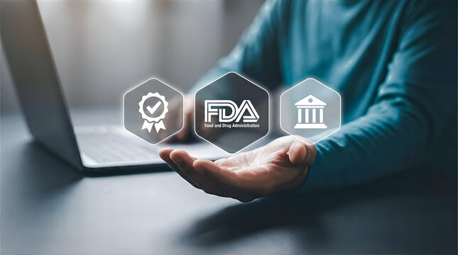 Person holding digital icons representing fda approval, quality assurance, and government regulation