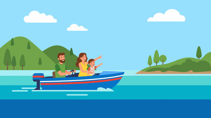Obraz premium A joyful family sets out on an exciting boat trip, capturing the essence of adventure and togetherness while exploring serene waters and scenic views around them.