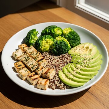 Healthy vegan food bowl with grilled tofu quinoa broccoli avocado.
