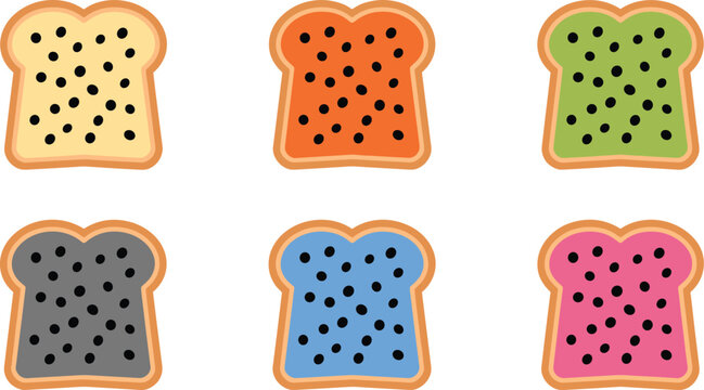Set of six colorful toast bread icons with black seeds or poppy toppings in vibrant and pastel colors.