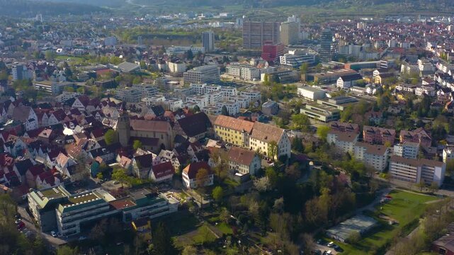 Aerial view of the city and old town of Leonberg in Germany on a sunny spring day