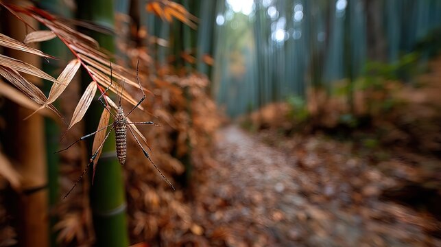Macro Close-up of Ornate Long-legged Crane Fly Resting on Withered Bamboo Leaves, Serene Bamboo Forest with Blurred Path and Warm Bokeh Lighting, Natural Wildlife Scene