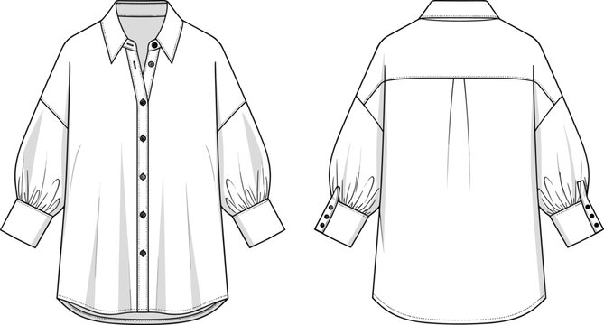 CAD drawing flat vector illustration of a women&rsquo;s oversized button down shirt featuring puff sleeves, drop shoulders, and front back views
