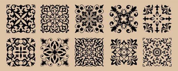 Set of Majolica tiles, black and brown azulejo, original traditional Portuguese and Spain decor. Seamless border with Victorian motifs. Vector illustration. © nataliiaku