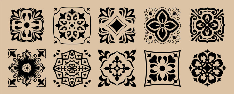 Set of Majolica tiles, black and brown azulejo, original traditional Portuguese and Spain decor. Seamless border with Victorian motifs. Vector illustration.
