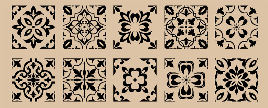 Set of Majolica tiles, black and brown azulejo, original traditional Portuguese and Spain decor. Seamless border with Victorian motifs. Vector illustration.