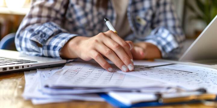 Close-up of a person filling out a tax return form at a desk with calculator, planner, and financial documents. Personal finance, tax declaration, paperwork, and filing deadline concept