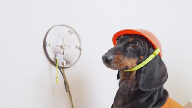 dachshund dog wearing orange hard hat and safety vest holds plier near open electrical wall socket, humorous electrician concept, funny pet scene, creative animal humor, construction worker lifestyle