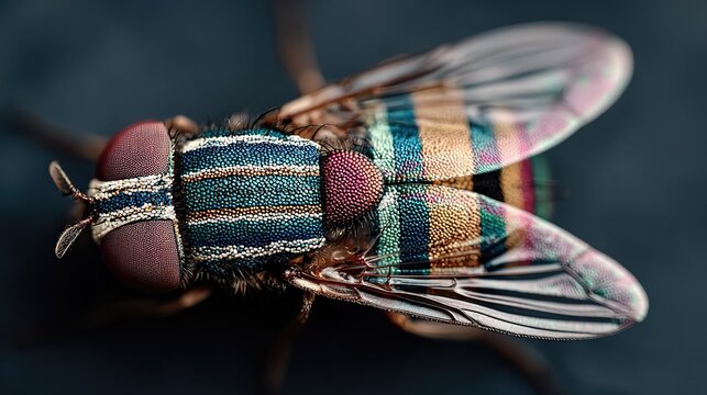 Macro close-up of an iridescent striped fly with vivid compound eyes, textured metallic body in blue, gold, and pink bands, transparent veined wings catching light, set against a deep dark background