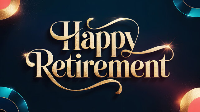 Happy Retirement card. Beautiful greeting banner poster calligraphy black text word gold ribbon. Hand drawn design. Handwritten modern brush lettering white background etc.