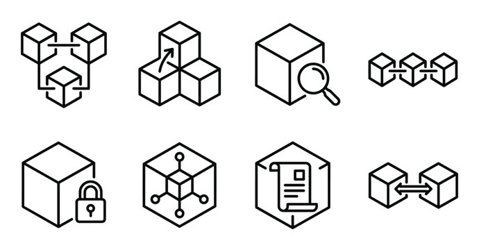 Blockchain technology line icon set for cryptocurrency distribution and secure data network systems
