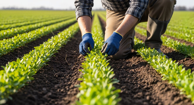 Man kneeling and tending to green crops in a farm field  