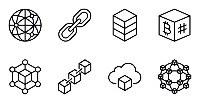 Cryptocurrency mining and global network line icons featuring bitcoin hashing and cloud storage art