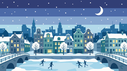 A serene winter night scene featuring cozy houses, falling snow, and joyful ice skaters, capturing the enchanting magic of winter nights and festive spirit. © Panpan