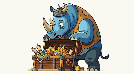 A quirky illustration of a rhino curiously guarding a treasure chest full of jewels and gold, symbolizing adventure, curiosity, and protection in a playful manner. © Panpan