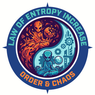 This captivating design illustrates the concept of entropy using alien figures and a clever yin-yang motif, exploring themes of chaos and harmony in an intriguing manner.