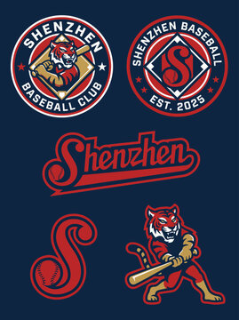 This graphic showcases various logos of the Shenzhen Baseball Club, emphasizing team spirit and sport, featuring a bold aesthetic with tiger mascots and baseball themes for branding.