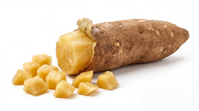 Yacon root cut and peeled pieces isolated on white background