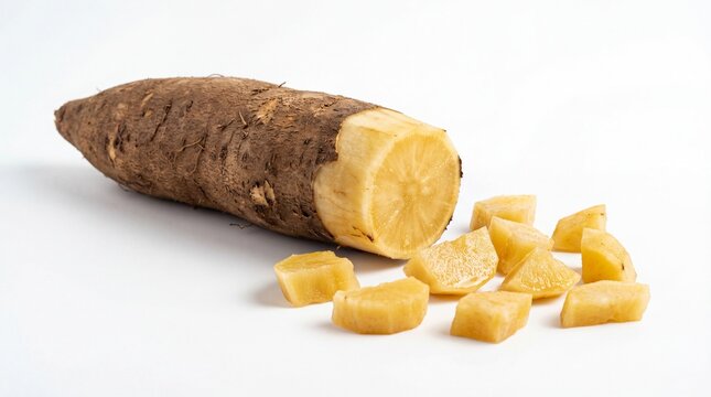 Yacon root cut and peeled pieces isolated on white background