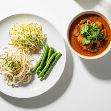 Traditional sri lankan meal with spicy curry, string hoppers, and salad