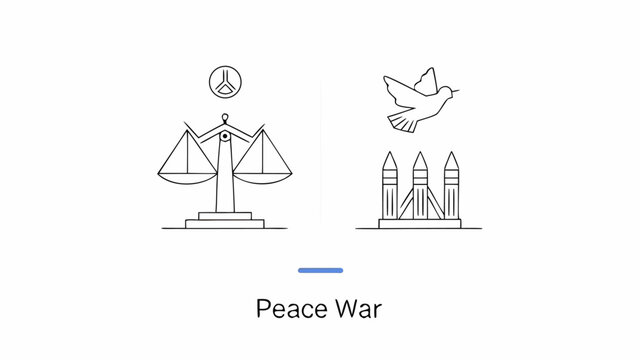 Scales of justice and peace dove contrasted with war missiles, conflict